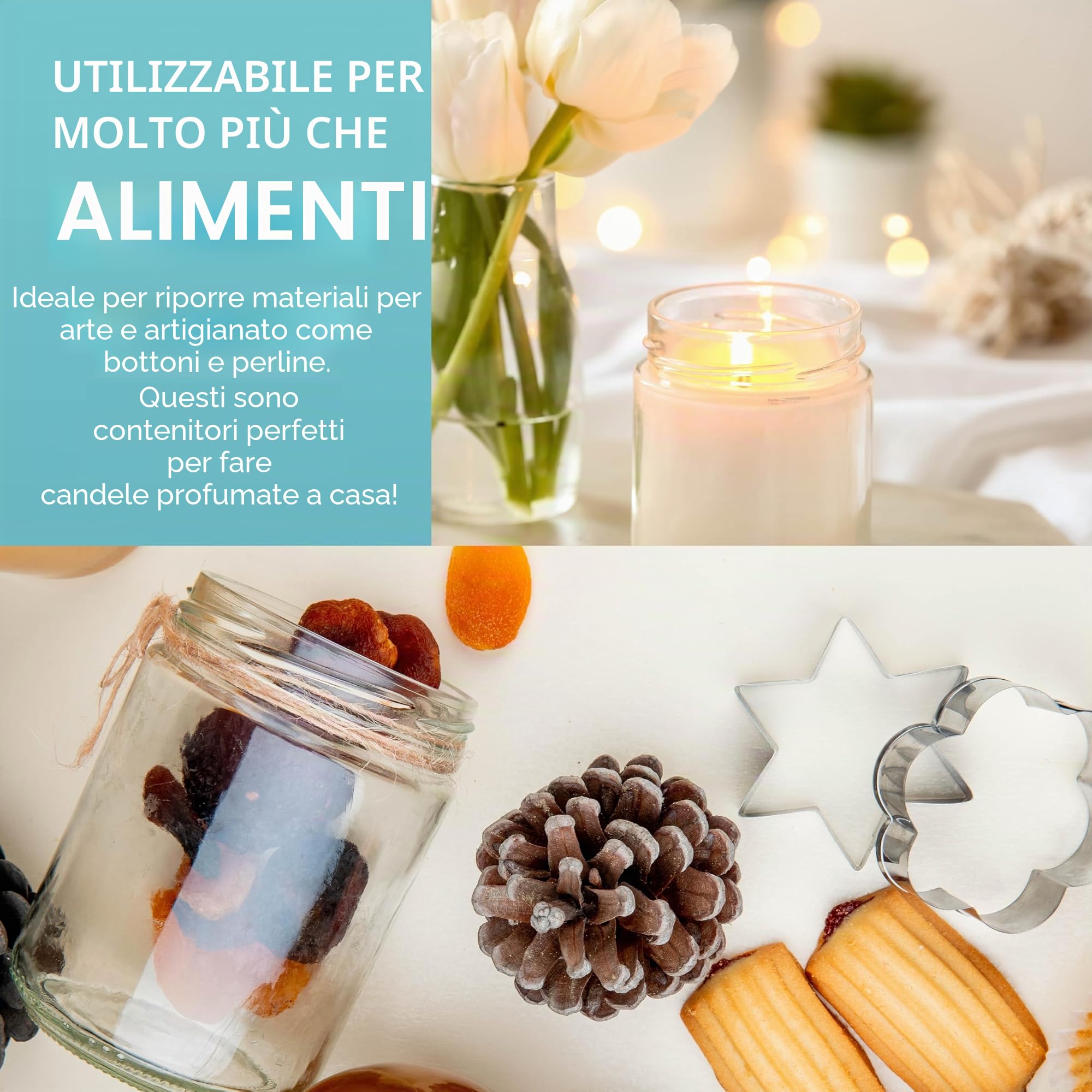 HEFTMAN Barattoli di Vetro con Coperchi - Confezione da 6 240ml Barattoli di Marmellata Riutilizzabili, Trasparenti, con Coperchi Ermetici Argentati, Etichette e Penna - Ideali per la Conservazione
