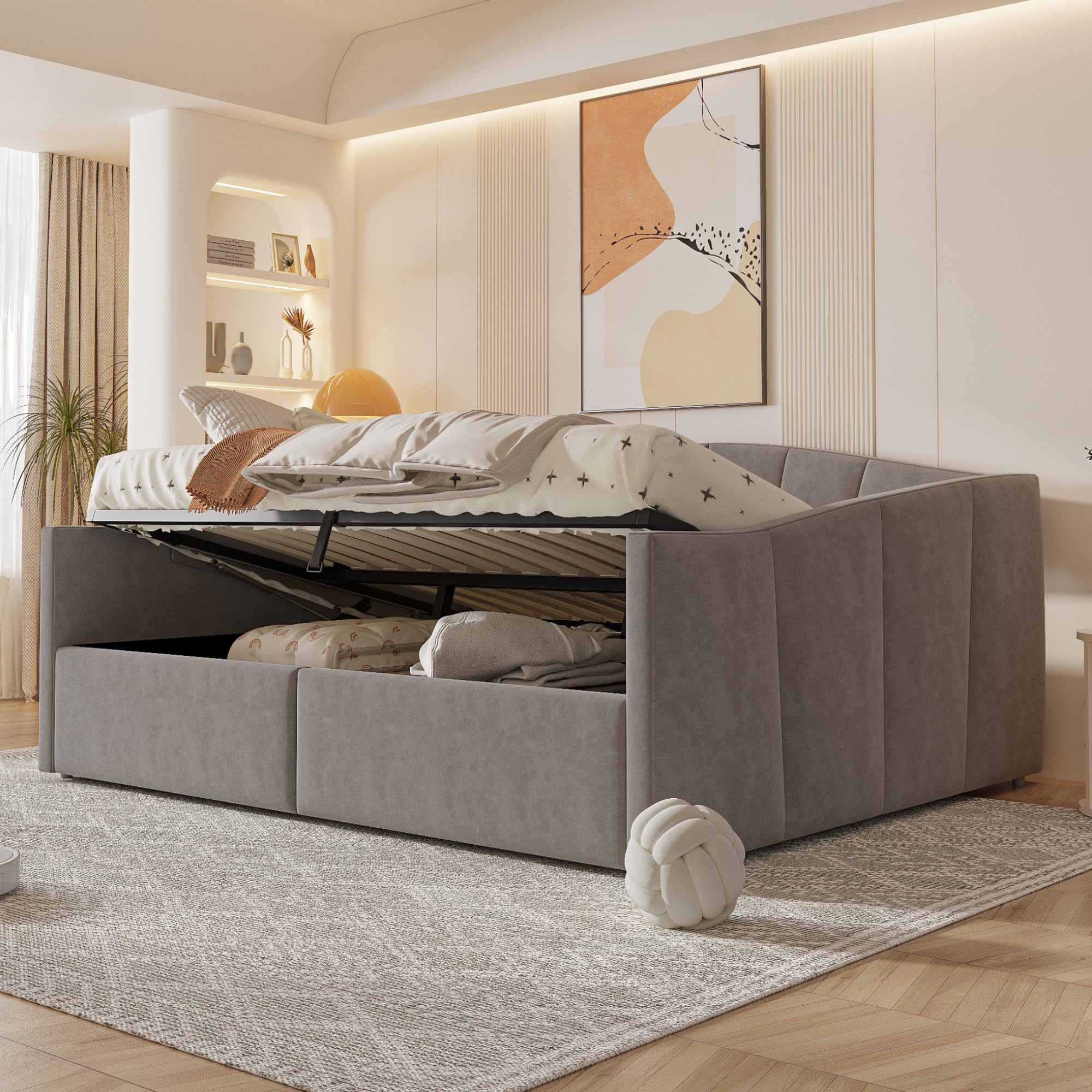 Schlafcouch mit Hydraulischer Lagerung, Bettsofa mit Lattenrost und Armlehnen, Schlafsessel multifunktional,140x200cm, Grau