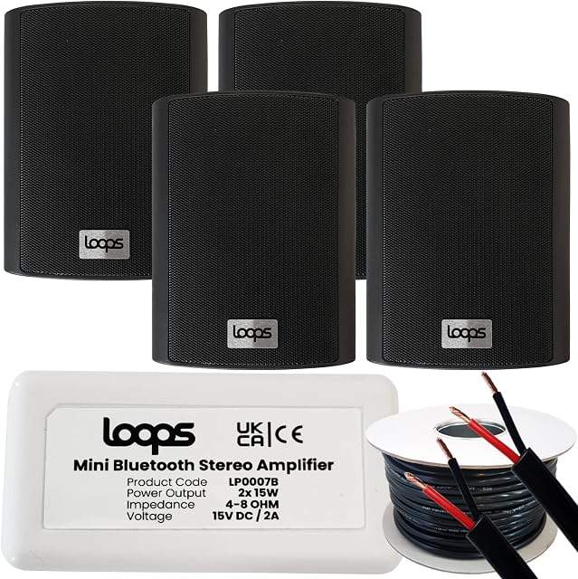 Loops Outdoor/External Bluetooth Speaker System - Garden Party BBQ Kit - 30W Mini Wireless Amplifier & 4x 4 70W Black Weatherproof Speakers