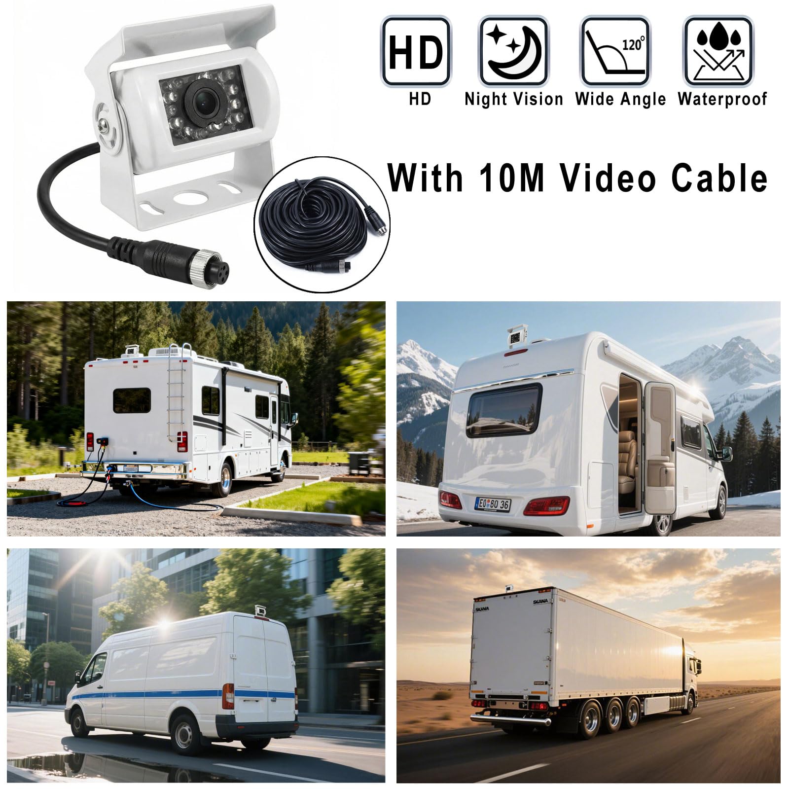 Telecamera di retromarcia a 4 pin, resistente, 18 LED, visione notturna, impermeabile, con cavo da 10 m, per camper, rimorchi, pickup, camper, autobus, furgoni e roulotte (senza linea guida)