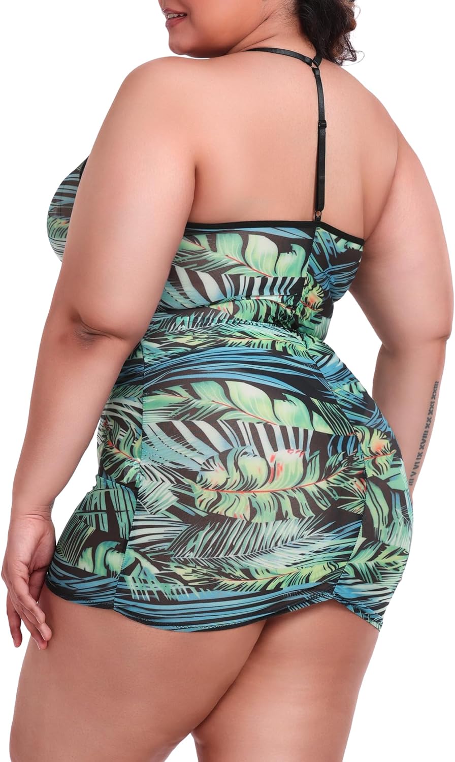 Plus Size Sheer Stretch Mesh Babydoll Dress Zipper Shirring Halter Chemise Curvy Sexy Lingerie for Women - Image 2