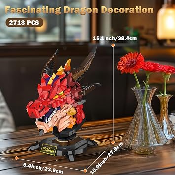 Dragon Building Set for Adults, Fantasy Fire Dragon Head Building Blocks Model Display Collection, Creative Gifts for Adults Men Women(2713 Pcs)
