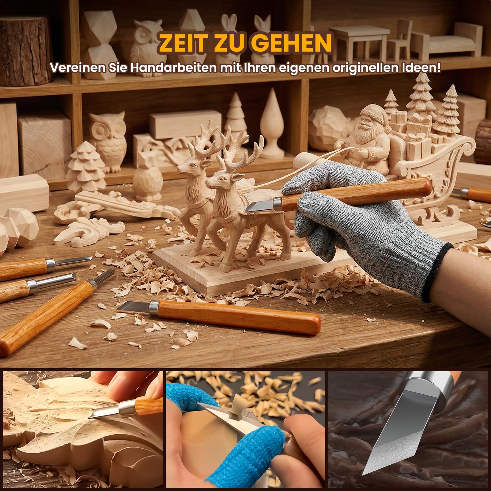 Set di attrezzi per intagliare il legno, 26 pezzi, con blocchi di legno di tiglio e custodia