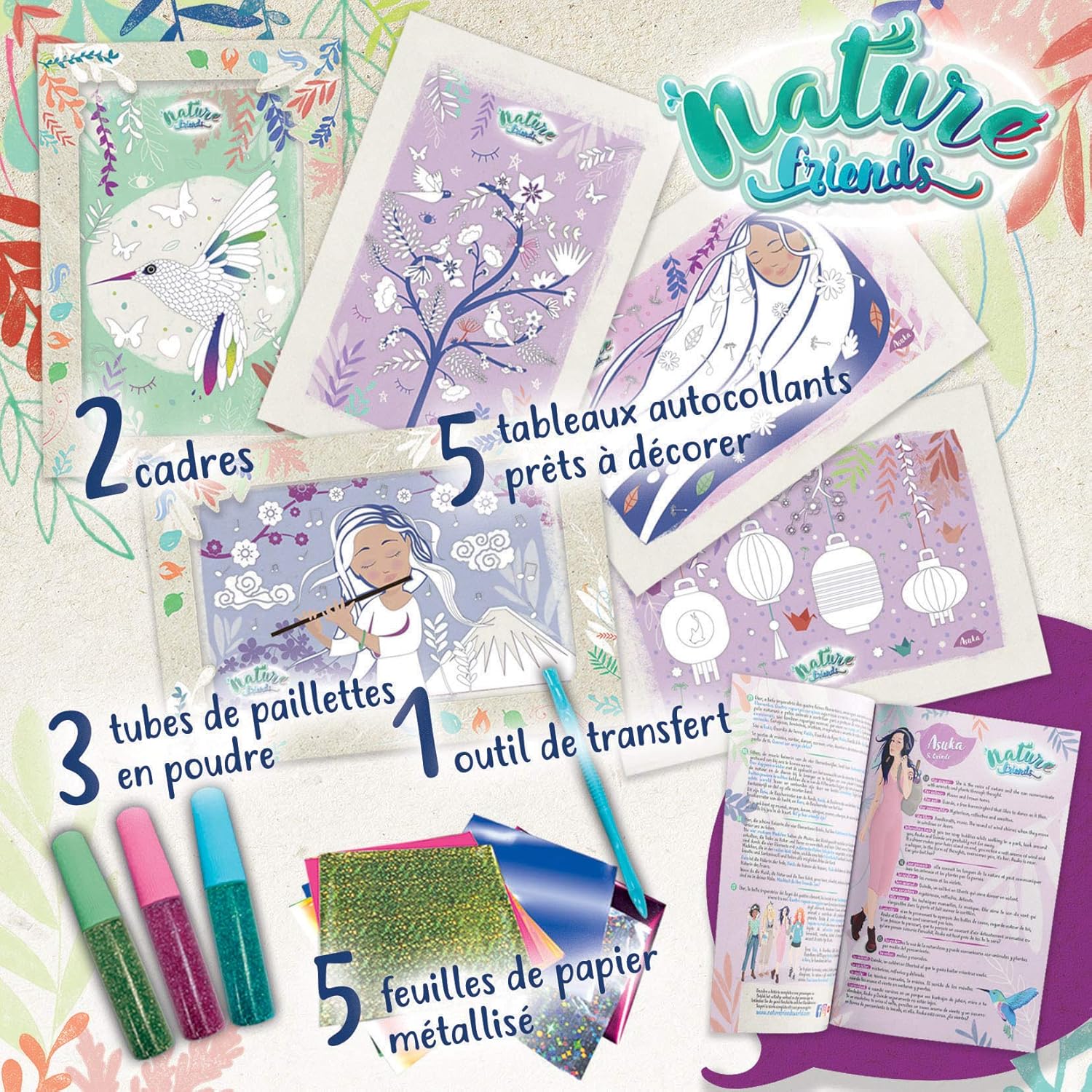 Educa Manualidades. Decora con purpurina y Papel Metalizado Nature Friends Crafts. Decorate Asuka Includes 5 self-Adhesive Paintings, Glitter, Metallic Paper and Tool. from 7 Years Old. 18933
