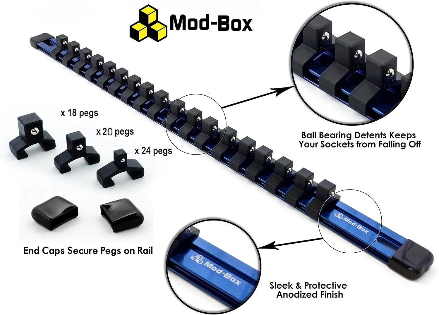 Socket Organizer | 1/2, 3/8, 1/4 Inch Drive | 18, 20, and 24 Clips | Professional Grade Heavy Duty 17 Inch Anodized Aluminum Build | Max Amount of Clips Included | By Mod-Box (3 Pack, Blue)
