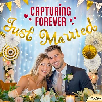 Gold Wedding Decorations Set – Just Married Banner Flag, 6 Paper Fans, Party Banner Bunting Decoration and a Foil Tassels Garland for Your Wedding Party, Bridal Shower or Bachelorette Party