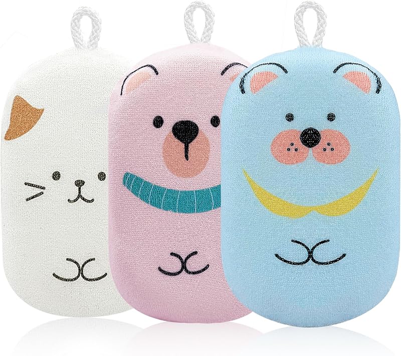 Esponja de lufa para baño para bebés y niños, suave y absorbente, exfoliante para el cuerpo, esponja de lufa para ducha, bonito diseño de patrón para niños, bebés, mujeres, niños y niñas, paquete de 3 (oso/perro/gato)