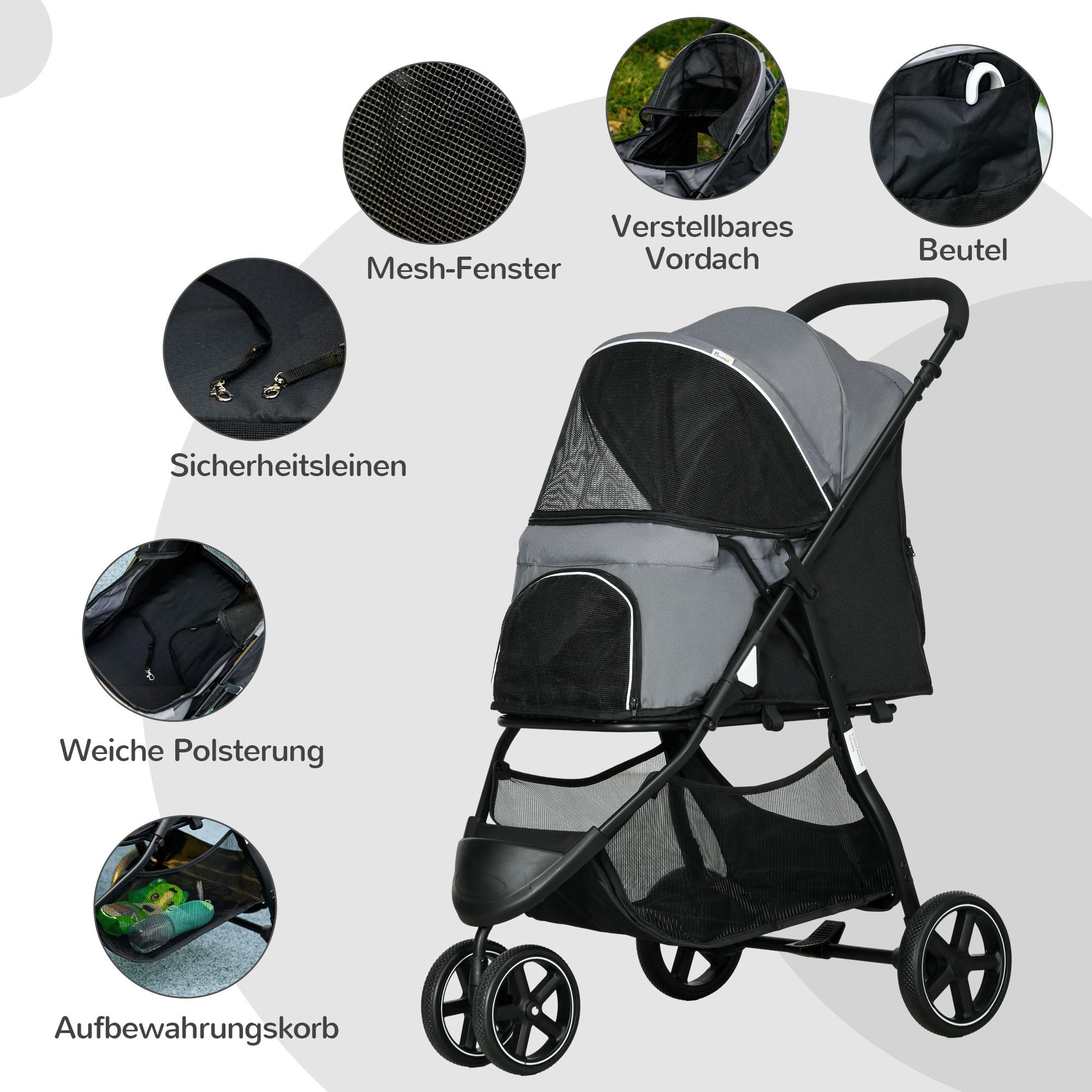 PawHut Hundewagen Hundebuggy Faltbar Katzenwagen bis 10kg mit Regenschutzabdeckung, Aufbewahrungskorb, Netzfenster, 360° drehbare Räder mit Bremse, Haustierbuggy für kleine Hunde, Grau