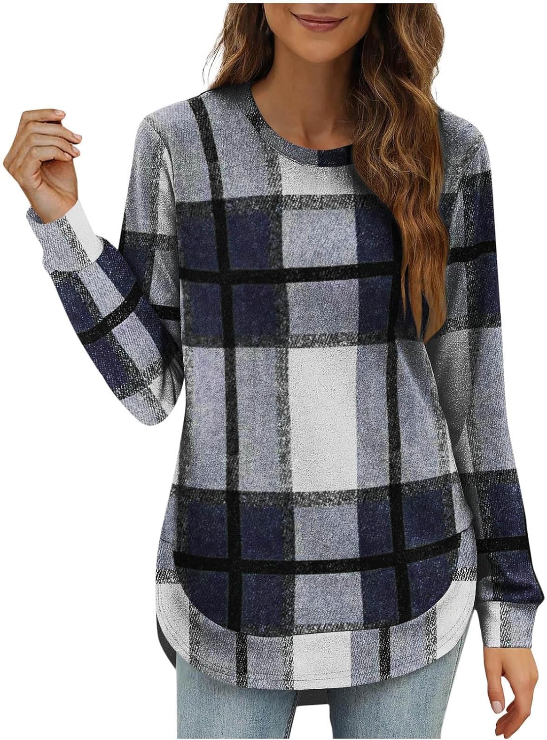 Women Plaid Flannel Top Sweatshirt Crewneck Cotton Blend Shirts High Low Tunics Curved Hem Loose Fit Color Block Blouse
