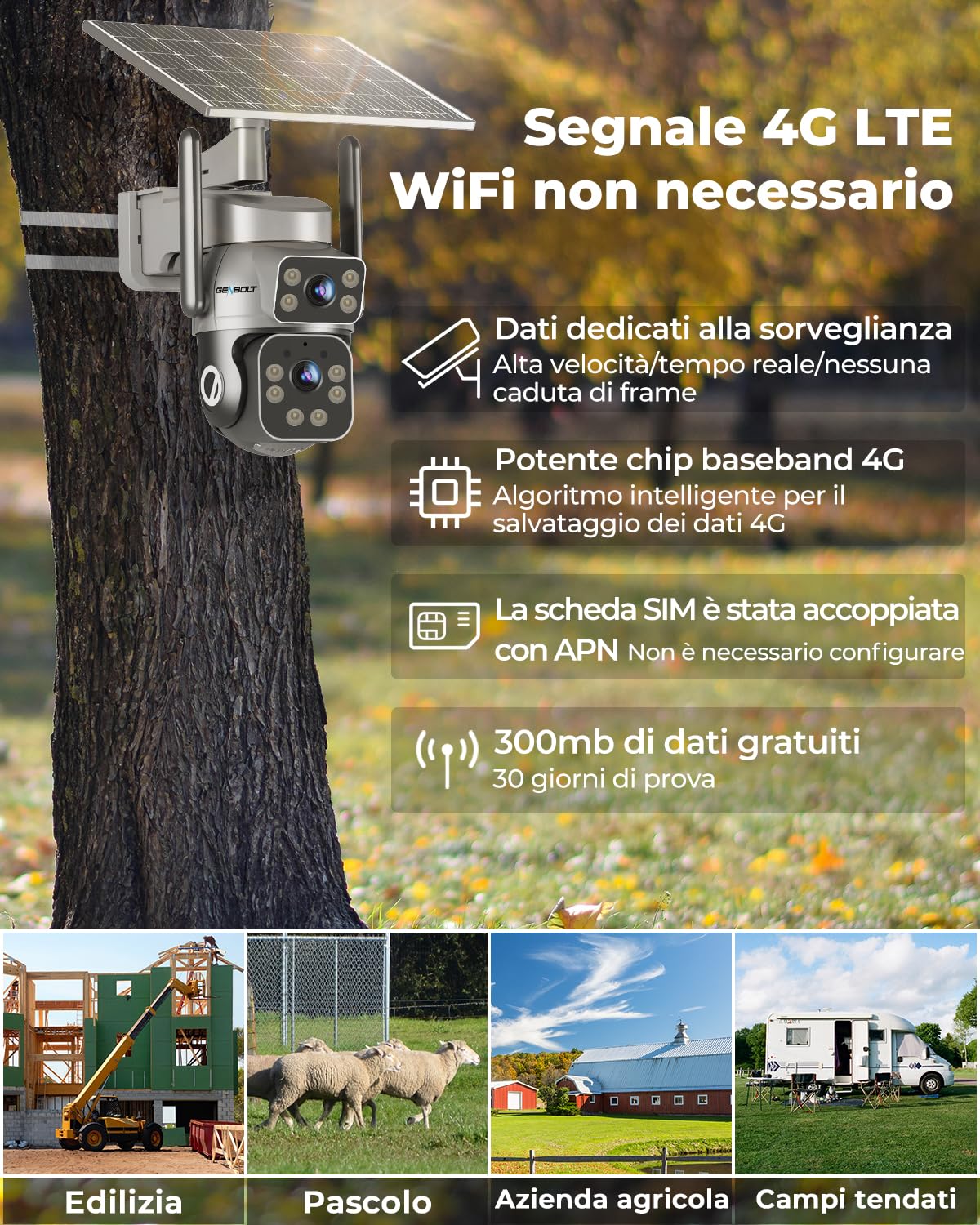 GENBOLT 4G AOV Telecamera Solare Esterno Senza Fili Con SIM Senza WiFi IP66 | Doppio Obiettivo 3MP*2, Registrazione 7/24, CCTV Camera con Pannello Solare 8W 14400mAh, IP Videocamera Sorveglianza