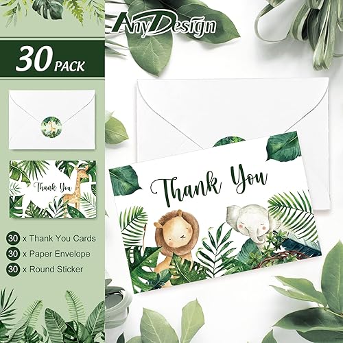 Miniatura 3 de AnyDesign Tarjetas de agradecimiento del bosque con sobres, calcomanías de safari selva, paquete de 30 tarjetas de felicitación de animales del