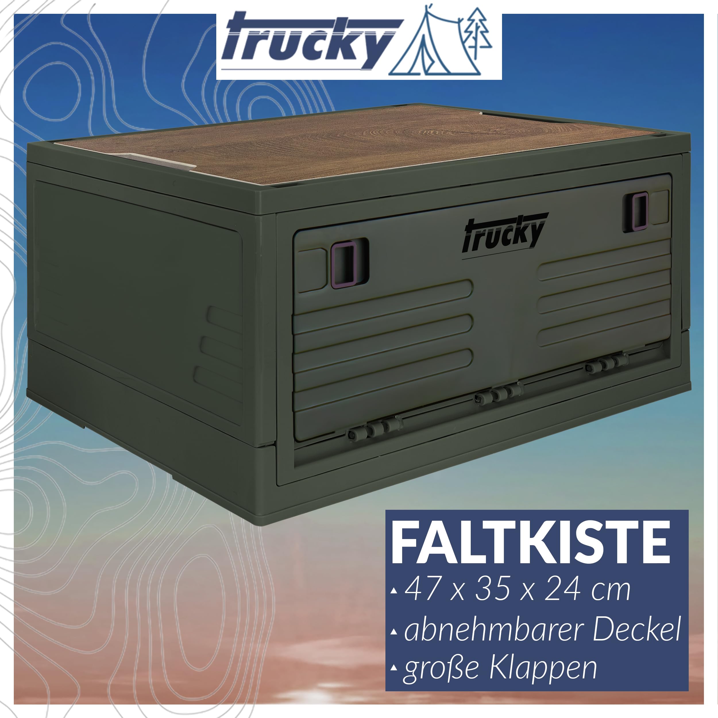 Trucky Caja de almacenamiento con tapa, 35 L, 48 x 30 x 24 cm, para camping, plegable, caja de almacenamiento con tapa, color verde