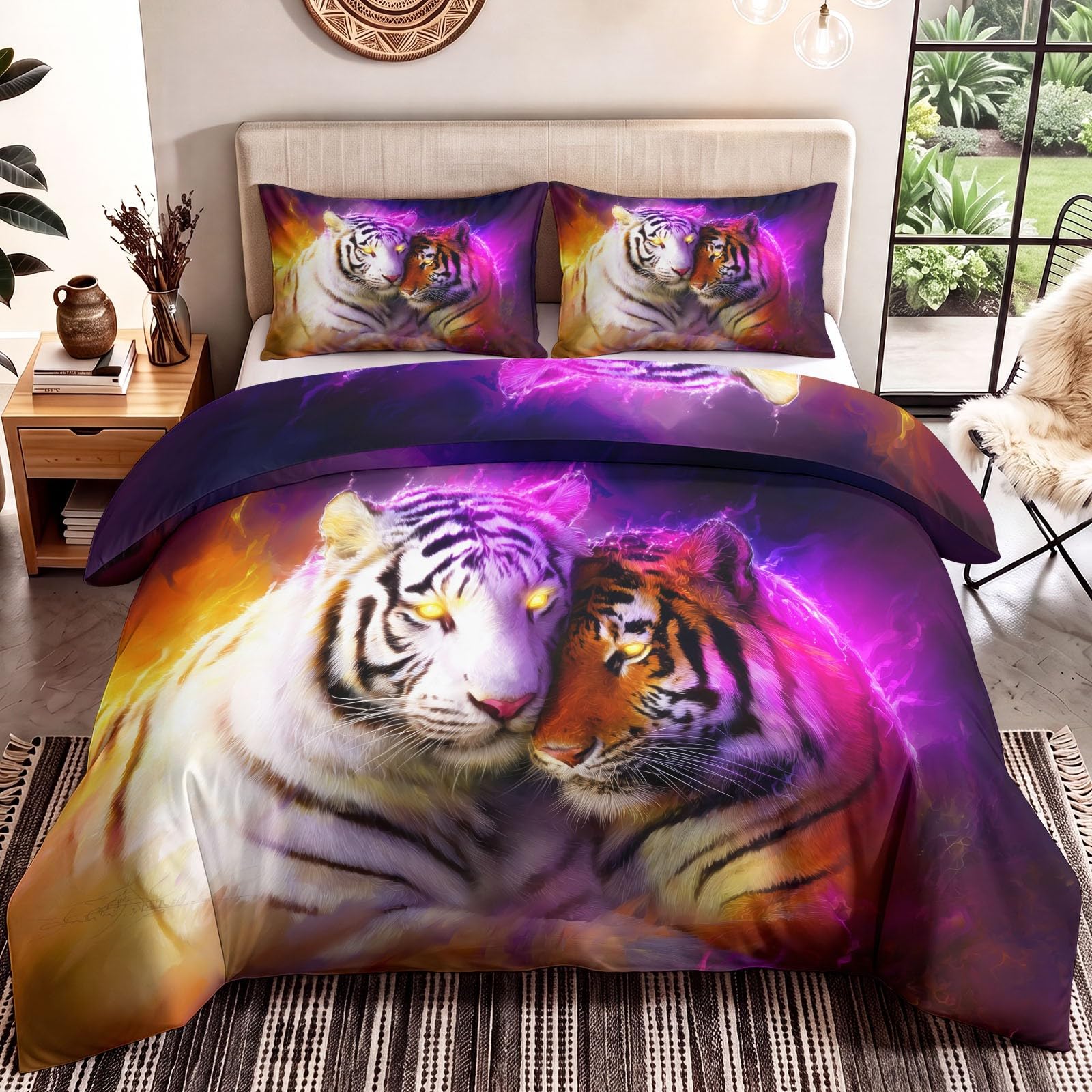 Komplet pościeli 220 x 240 cm, jasnofioletowa, motyw dzikich zwierząt, Fantasy, miękka, antyalergiczna, tygrysie płomienie, gradient, 2 poszewki na poduszkę 80 x 80 cm, dla dzieci, dorosłych