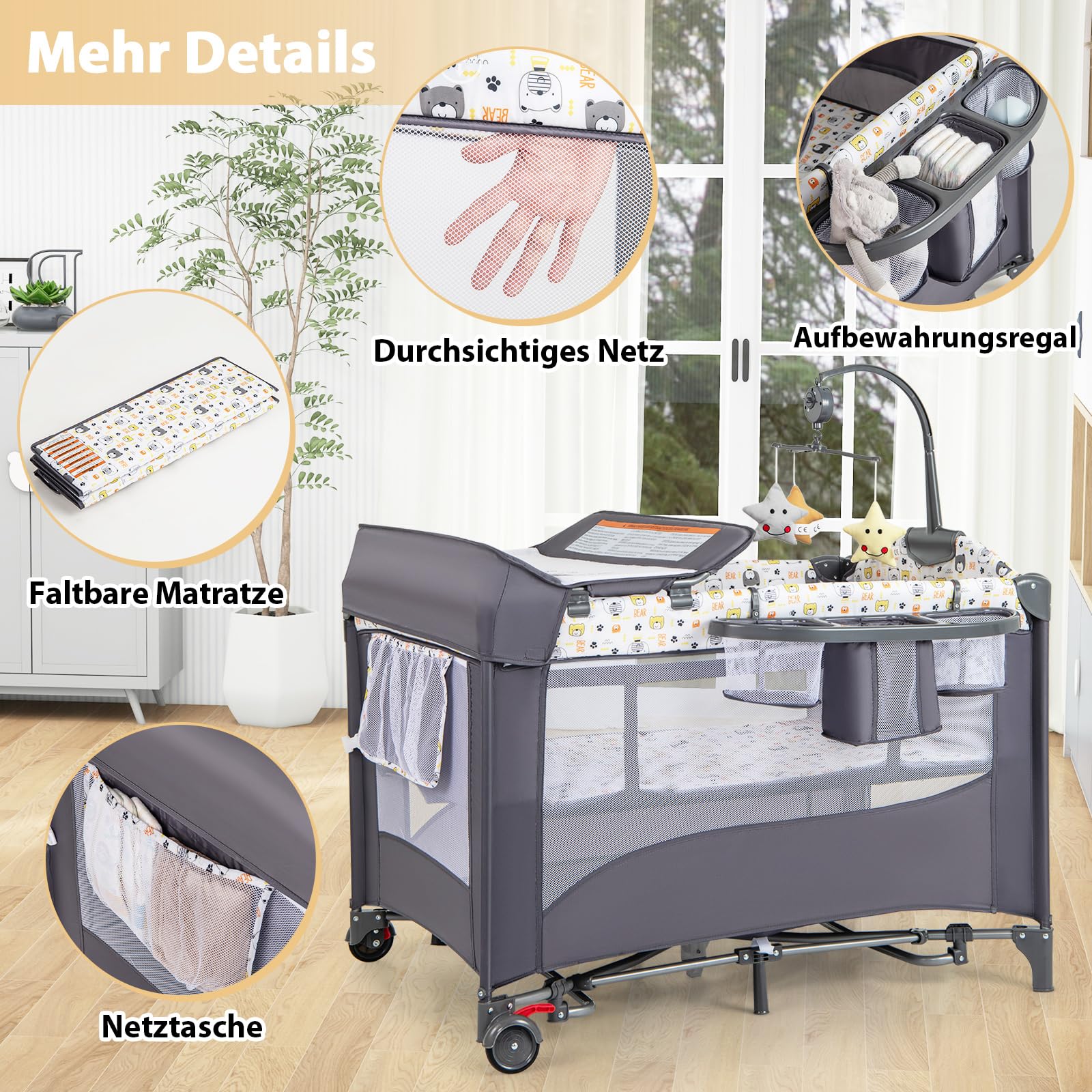 DREAMADE Reisebett mit Matratze, 5 in 1 Beistellbett Baby mit Rollen & Wickelauflage & Spieluhr, 110×76cm Babybett mit Tragetasche, für Neugeborene & Baby (Bunt)