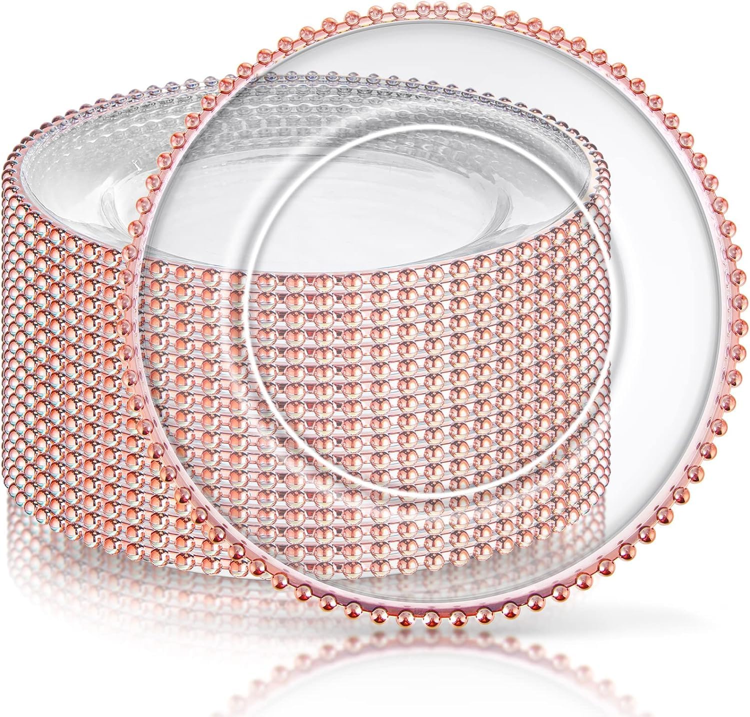 HONHPD 13inch Clear Rose Gold Bead Acrylic Plastics Back texture Charger Plate, Set of 50, Charger Plates for Dinner,Wedding,Party,Event Decoration.Rose Gold