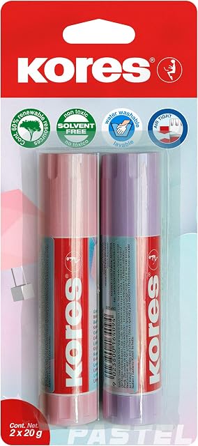 Kores - Pastel Glue Stick, Strong-Hold Adhesive, Safe and Non-Toxic Craft Glue for Arts and Crafts, School and Office Supplies, Pack of 2 x 20g
