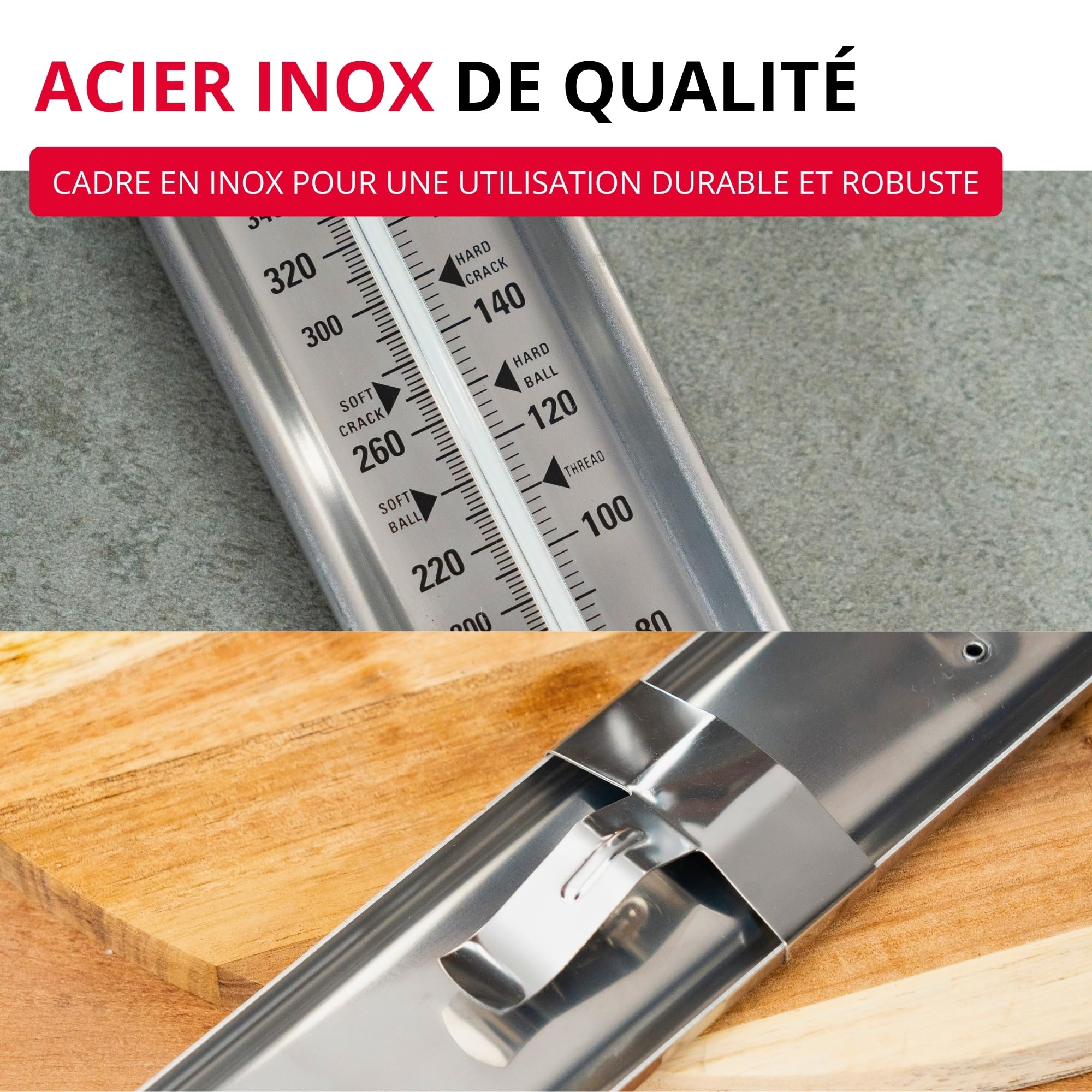 Westmark Thermomètre à Sucre Inox, 1 Pièce, Aide Confitures Fruits, Cadre Acier Inoxydable Pince Ajustable, Tube Verre Robuste