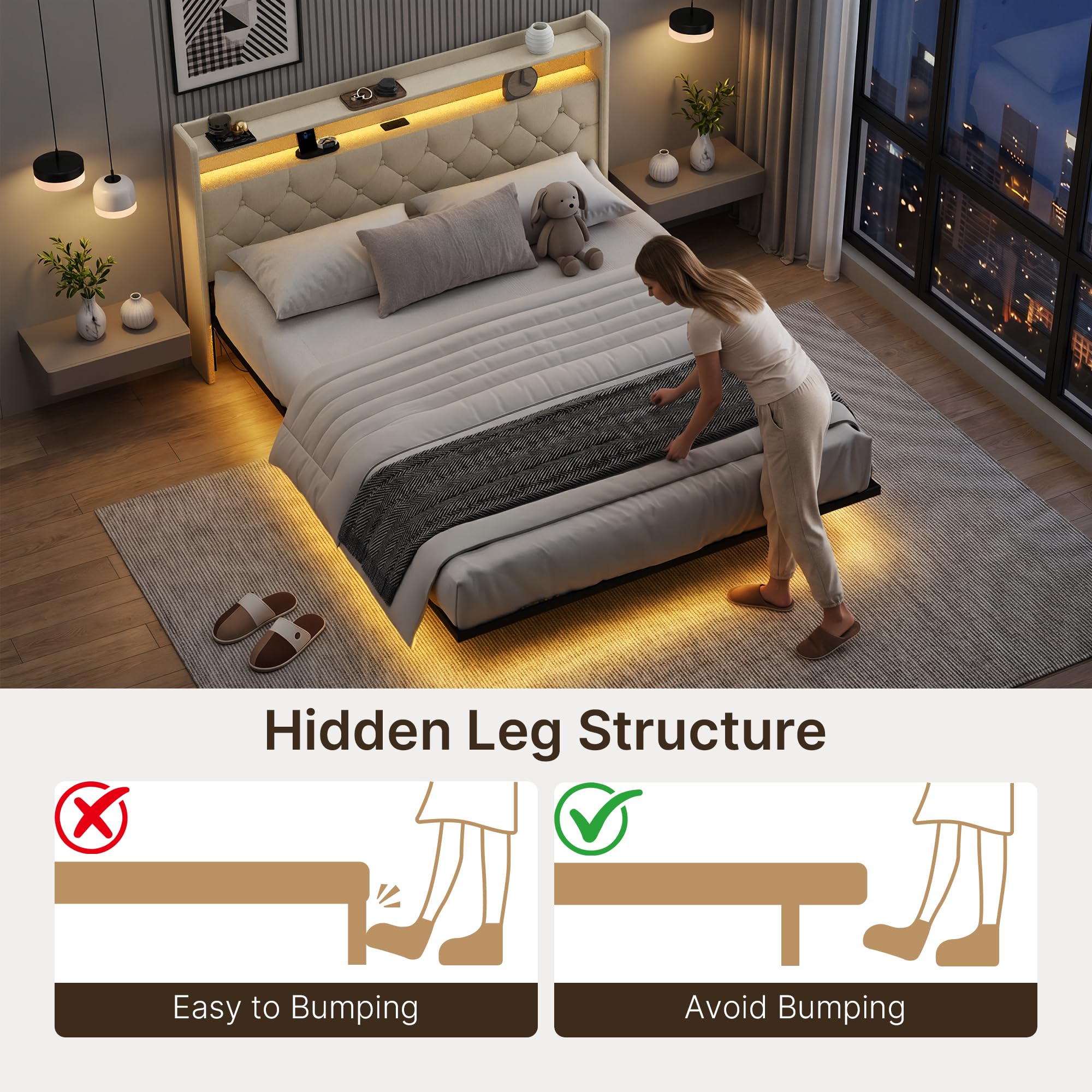 Xbro Łóżko 160x200 cm z pływającym, tapicerowane łóżko z oświetleniem LED i stacją ładującą (USB/wtyczka), wyściełany zagłówek z miejscem do przechowywania, Somier, ciemnoszary