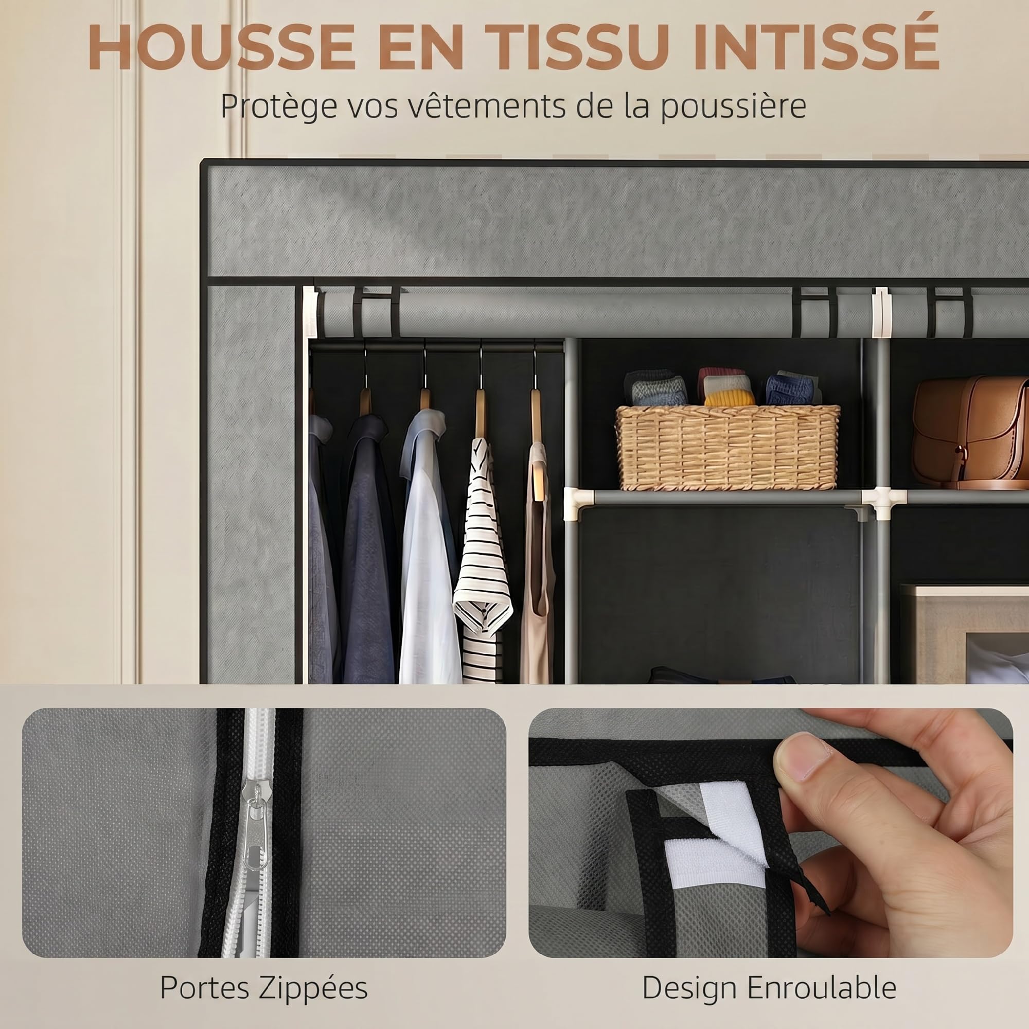 HOMCOM Armoire penderie en Tissu Mobile 10 roulettes 166x42,5x167cm Gris | Meuble de Rangement, 10 Compartiments, Barres de Suspension, Housse Anti-Poussière, Portes à Enrouler, Cadre en Acier