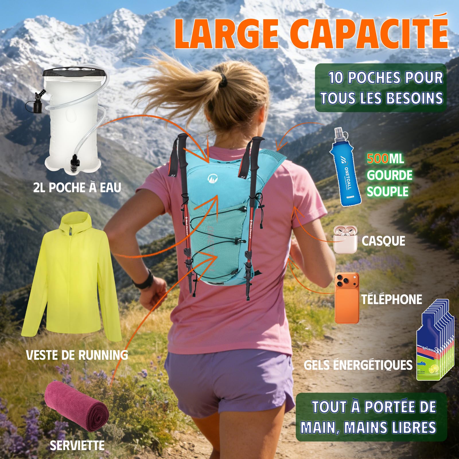 Gilet Hydratation Running Femme Est Un Gilet Course à Pied pour Trail et Randonnée, avec Poche à Eau 2L TPU et Flasque 500ml, Léger et Respirant pour Un Confort Optimal sans Rebond
