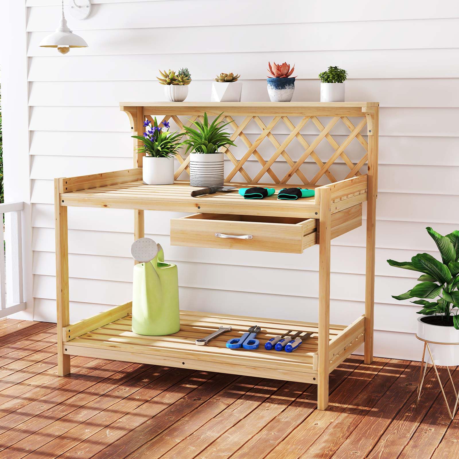 COSTWAY Table de Rempotage en Bois de Sapin avec Treillis à Claire-Voie, Table de Jardinage avec Tiroir Amovible Étagère Ouverte, Poste de Travail pour Arrière-Cour Balcon Pelouse