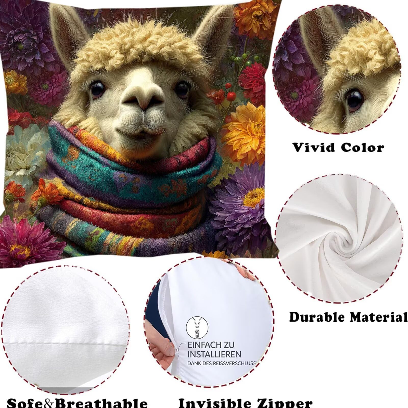 Lot de 4 Housses de Coussin Canapé 60x60cm Décoratives Double Face Taie d'oreiller en Velours Alpaga Coussin Carré Fleurs Taie d'oreiller pour Chambre, Bureau, Jardin Salon Canapé Voiture Ferme F0P660