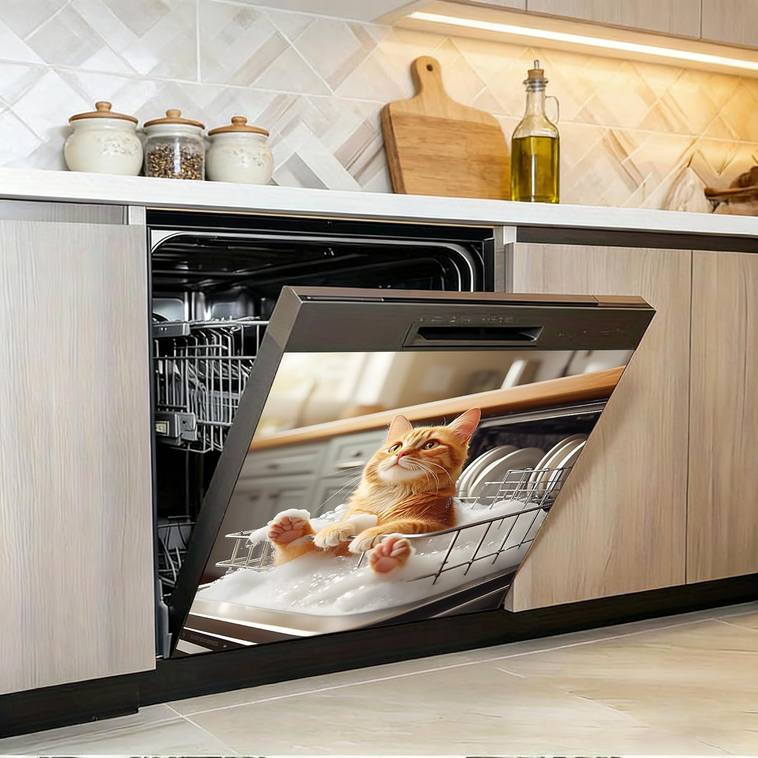 Dishwasher Cover Magnet 23" x 25.5", Reusable Magnetic Dishwasher Door Cover for Kitchen Décor, Decorative Appliance Panel to Cover Scratches(Cat)