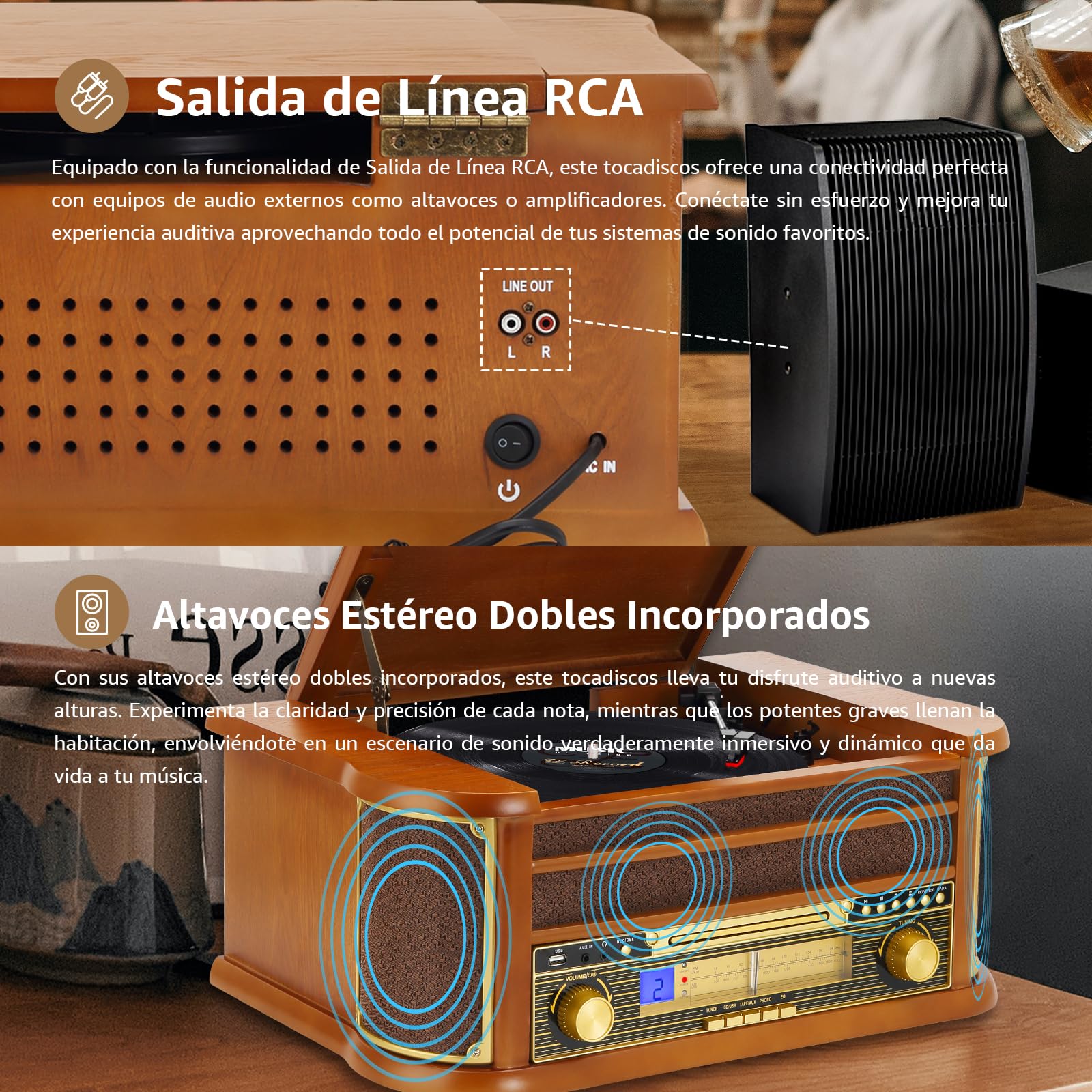 Tocadiscos de Vinilo Vintage Bluetooth inalámbrico de 3 velocidades con Radio fonógrafo Am/FM con Conector de 3,5 mm, CD/Cassette, Entrada Auxiliar/Salida RCA, reproducción USB