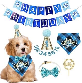 ADOGGYGO Dog Birthday Boy Bandana - Dog 1st Birthday Party Supplies - Dog 1st Birthday Hat Scarf Happy Birthday Banner Dog Boy First Birthday Outfit for Dogs Pets (Blue hat&Scarf&Collar&Banner)