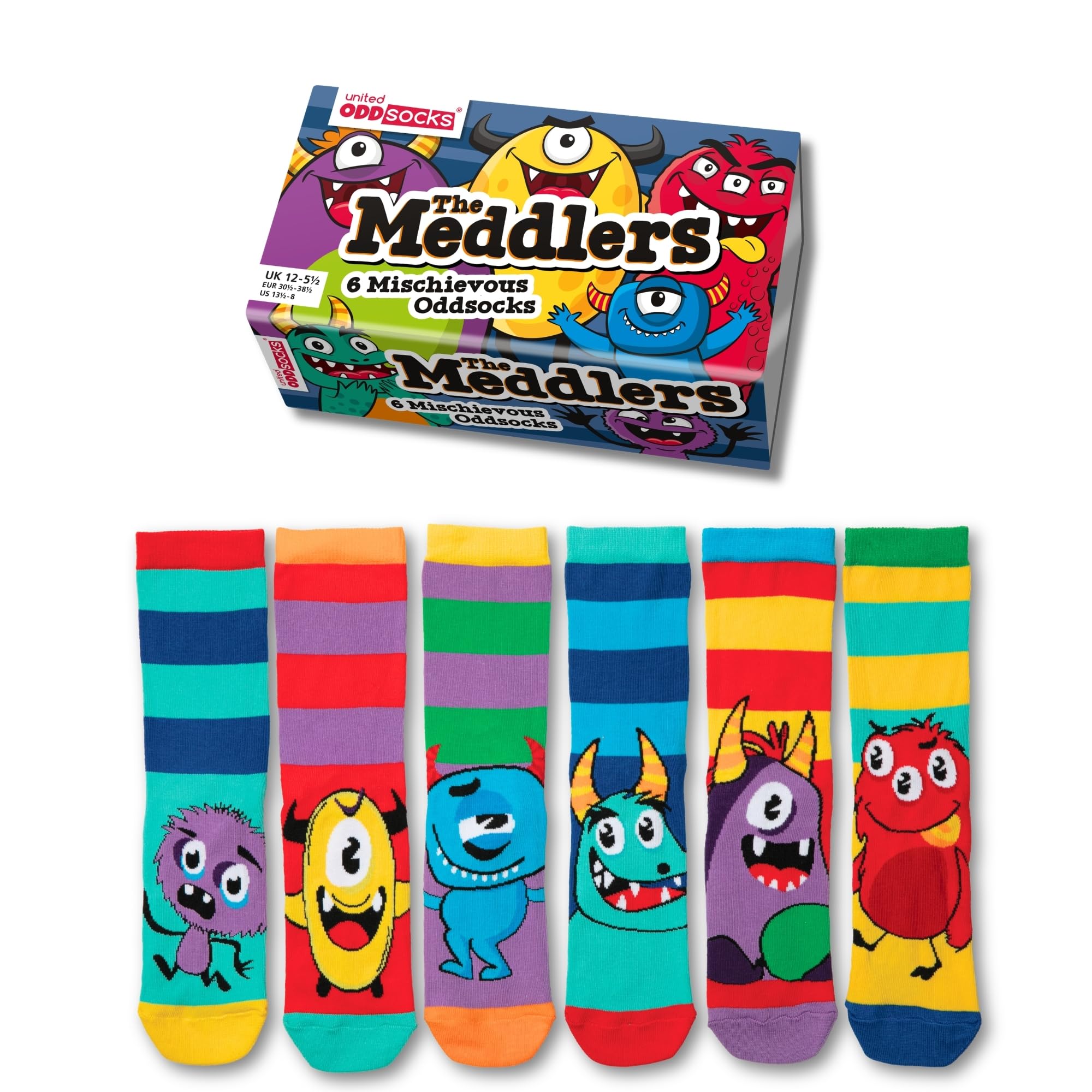 United Oddsocks Multicolored The Meddlers Gift Box – 6 Mischievous Odd Socks For Kids – Uk 12–5.5 Eur 30.5–38.5 Us 13.5–8 – Colourful Monster-Themed Novelty Present, Cotton Rich Crew Fit, Fun Back To School Set