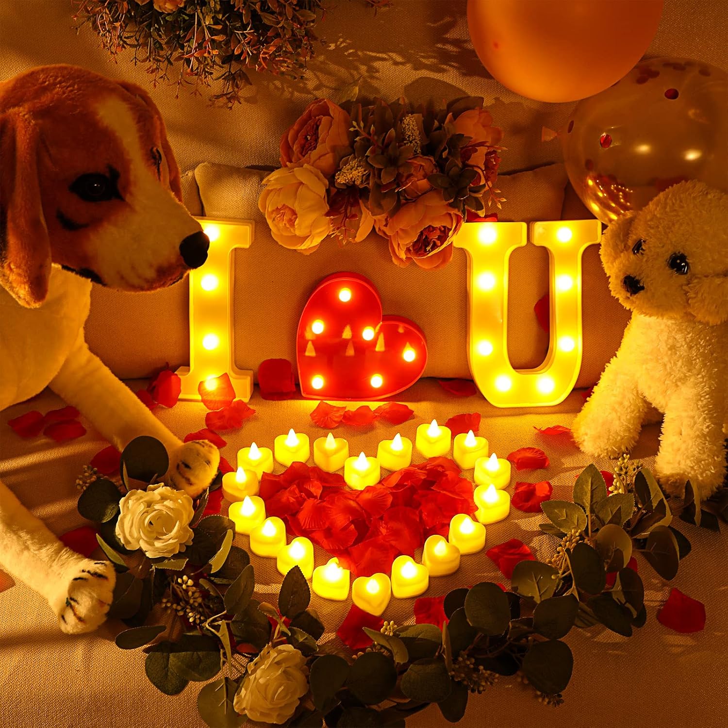 Hortsun 1000 Pcs Artificial Rose Petals and 24 LED Love Candles Set I Love You Light up Letters Romantic Proposal Decorations for Special Romantic Night Wedding Anniversary Decorations