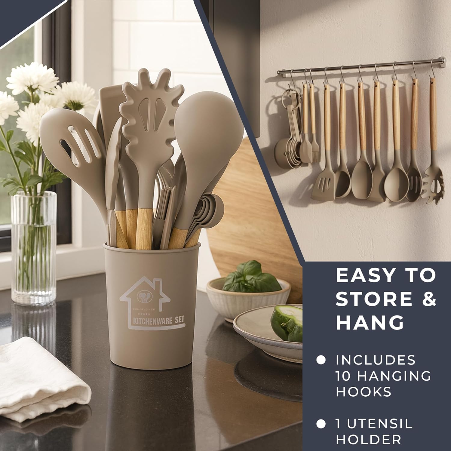 Berry & Cherry Kitchen Utensils Set Silicone 33 PCS – Nonstick Heat Resistant Cooking Tools with Wooden Handles & Holder, Spatula Set (Khaki)
