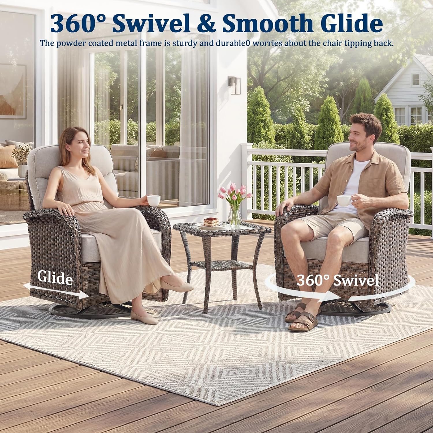 Outdoor Swivel Rocking Chair Patio Set (9pcs) High-Back - Thick Cushion Swivel Rocking Chair Patio with Fire Table Set, All-Weather Wicker Patio Furniture Set, Suitable for Balcony Patios, Brown/Beige