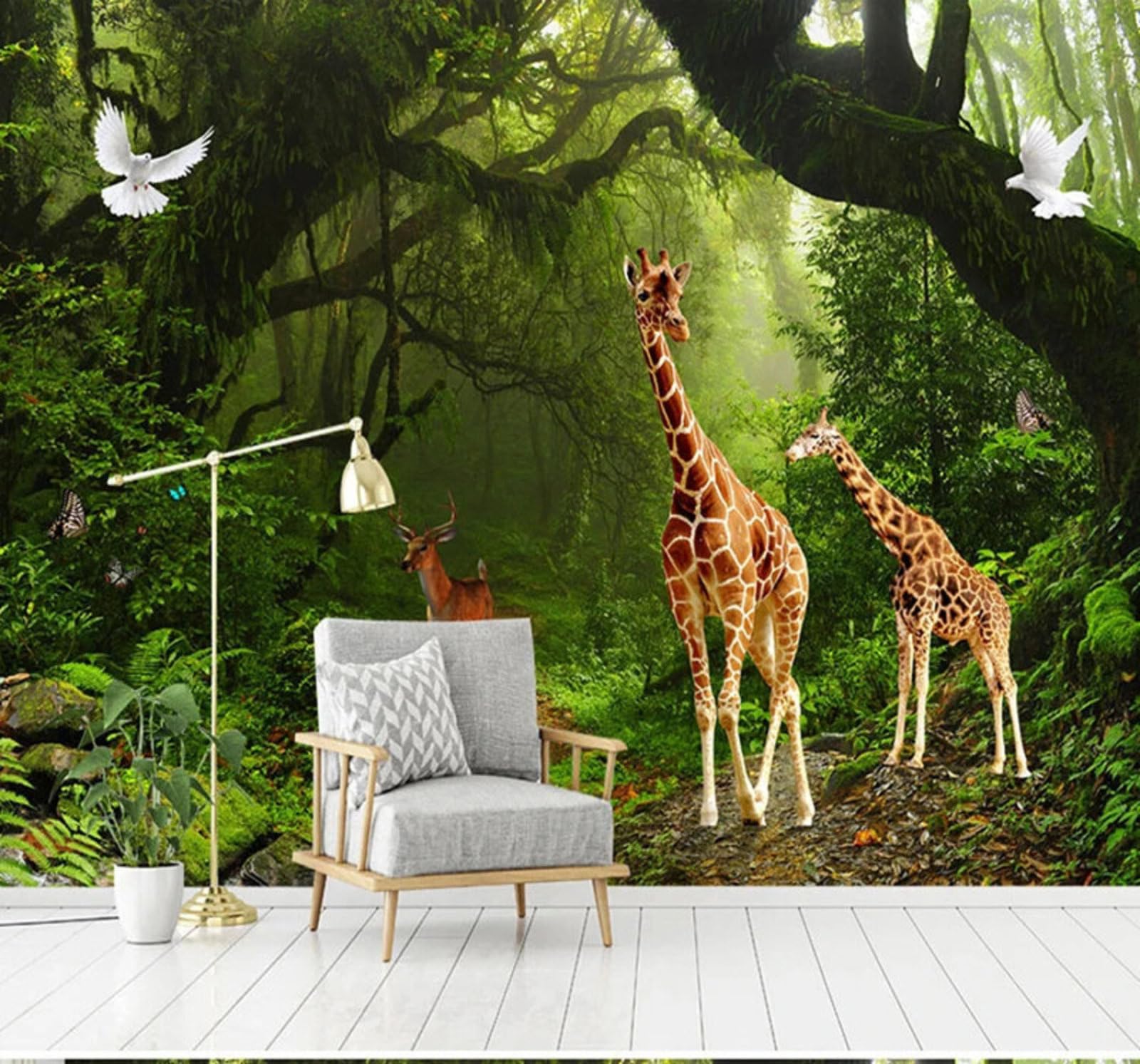 Fresh Green Forest Giraffe Landscape 3D Wallpaper Easy Install Feature Office Living Room Sofa Bedroom TV Background Wall Decoration-250cm×170cm