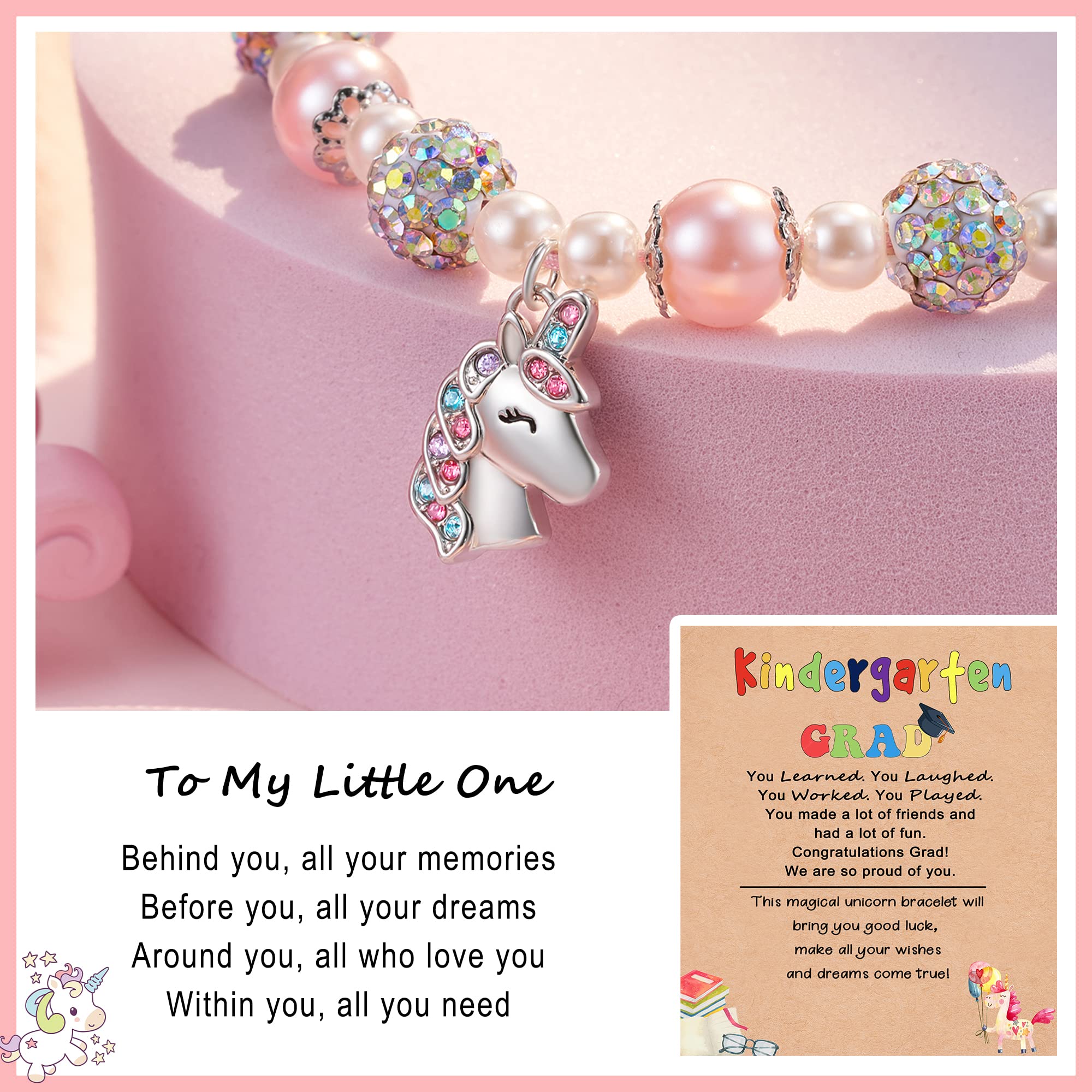 HGDEER Braccialetto con unicorno per figlia/nipote/nipote, con perle rosa e strass, lunghezza regolabile da 10,2 a 25,4 cm, in metallo, senza pietre preziose, 10 inches, Tessuto corallo Perla senza