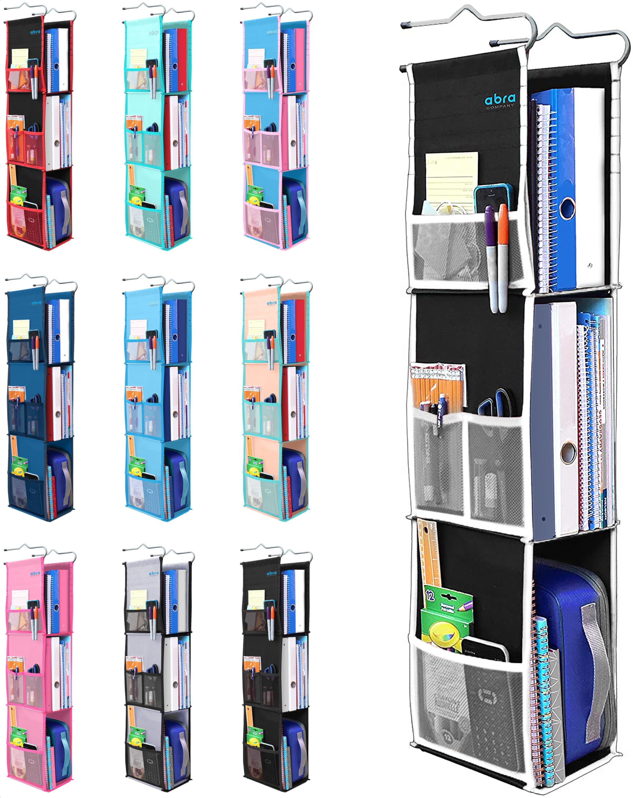 ABRA® 3 Shelf Hanging Locker Organizer for School, Work, Gym | Deep Shelves 6.5”x 9”| Eco-Friendly Fabric Healthy for Children | Adjustable School Locker Shelf from 3 to 2 Shelves (Black/White)