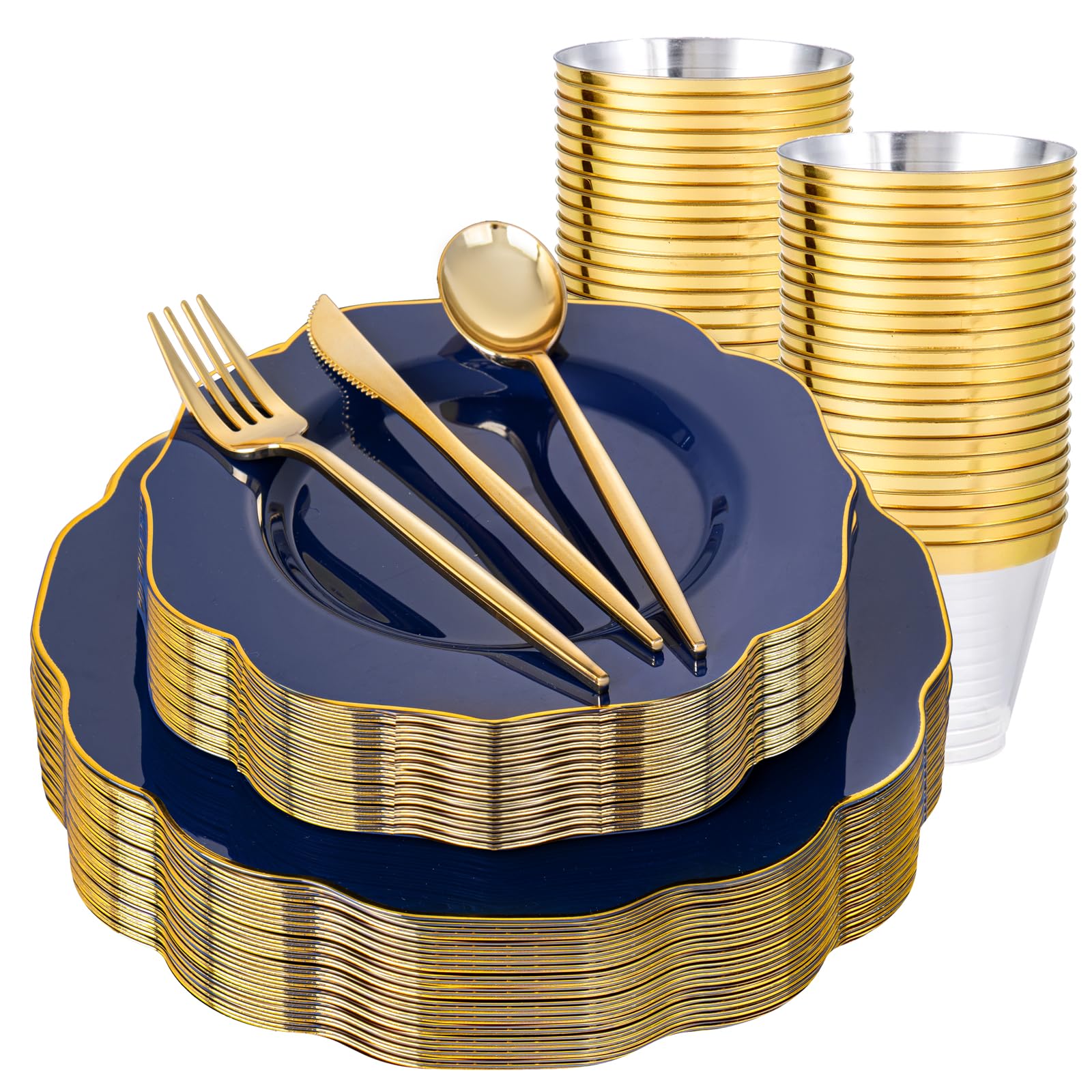 bUCLA 180PCS Blue Plastic Plates - Navy Blue and Gold Rim Disposable Include 30 Each (Dinner & Dessert) Plates, 30 Knives, 30 Forks, 30 Spoons and 30 Cups, Ideal for Party & Gathering