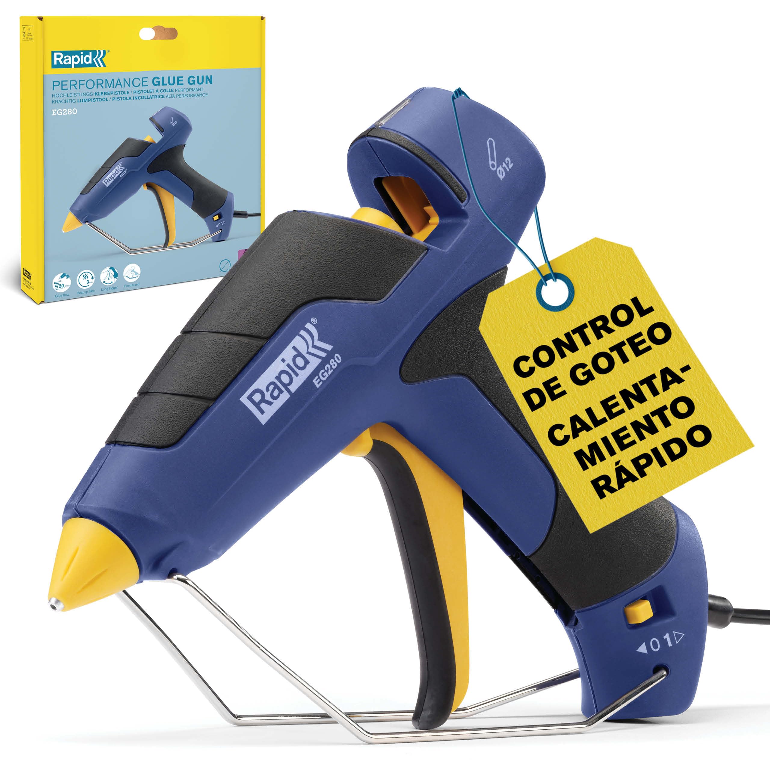 Rapid EG280 Pistola Cola para Barras de 12 mm, 600 g/h, Bricolaje | Alto caudal de cola de 400 g/h, con boquilla intercambiable