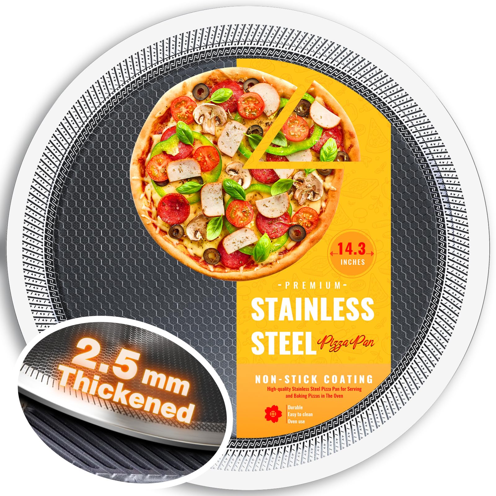 Teglia per pizza in acciaio inox, antiaderente per forno, resistente, spessore 2,5 mm, sicura e facile da usare (senza manico, 35,6 cm)