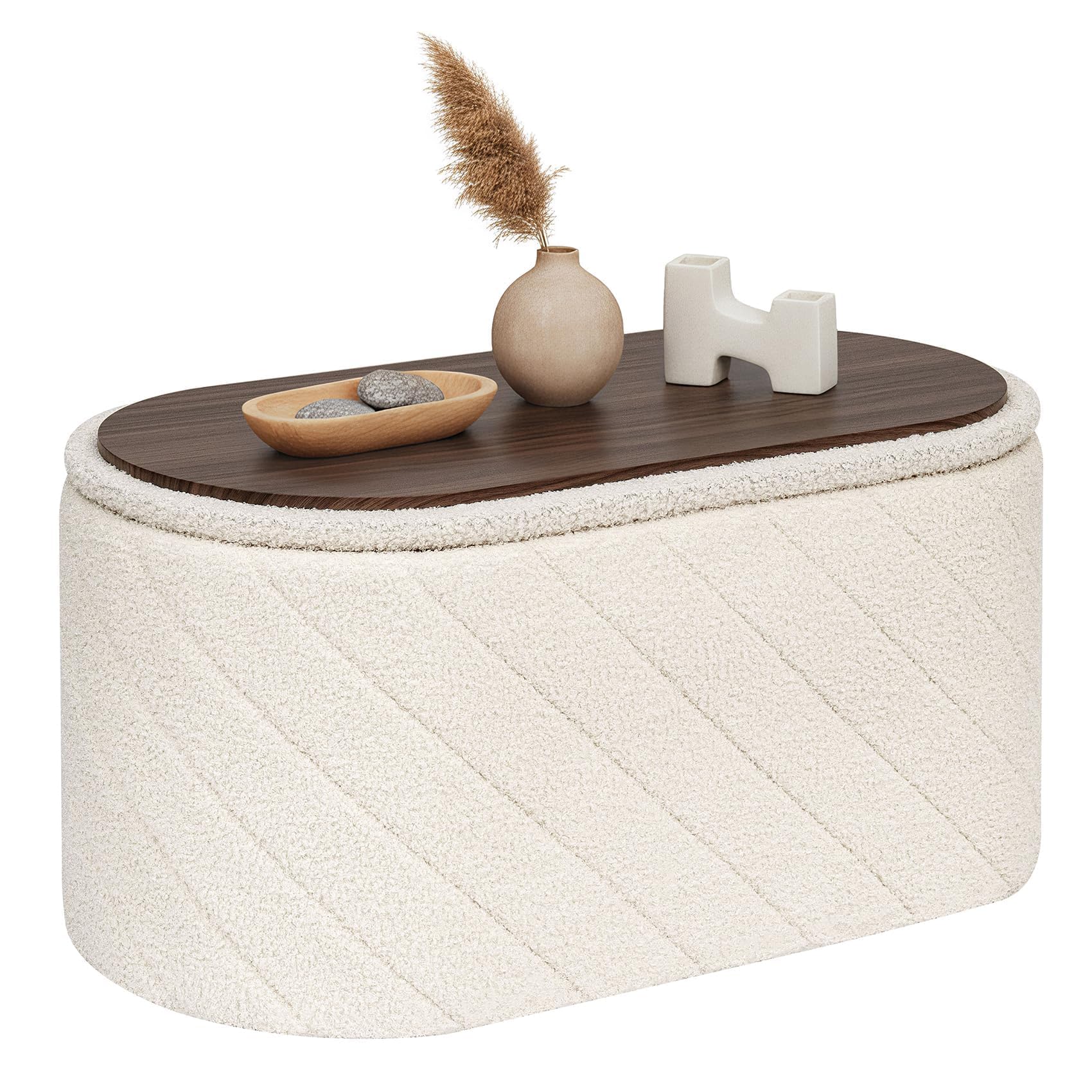 PINPLUS Sitzbank mit Stauraum, Ovale Polsterbank, Klappbarer Fußhocker, Bettbank aus Boucle Stoff, für Schlafzimmer, Wohnzimmer, Weiß, 76x38x38 cm