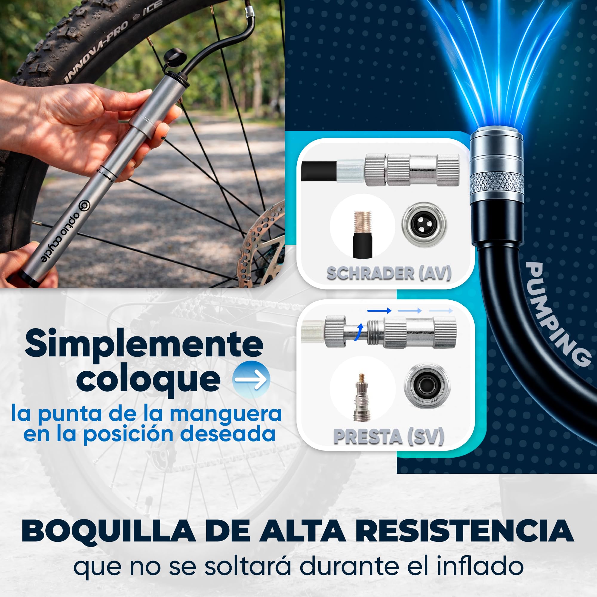 Mini Bomba Bicicleta con Manguera 120 PSI / 8,3 Bar – Inflador Bicicletas de Aluminio Portátil para Presta y Schrader | Mini Bomba de Aire Bicicleta Manual Compacto | Mancha, Hinchador MTB
