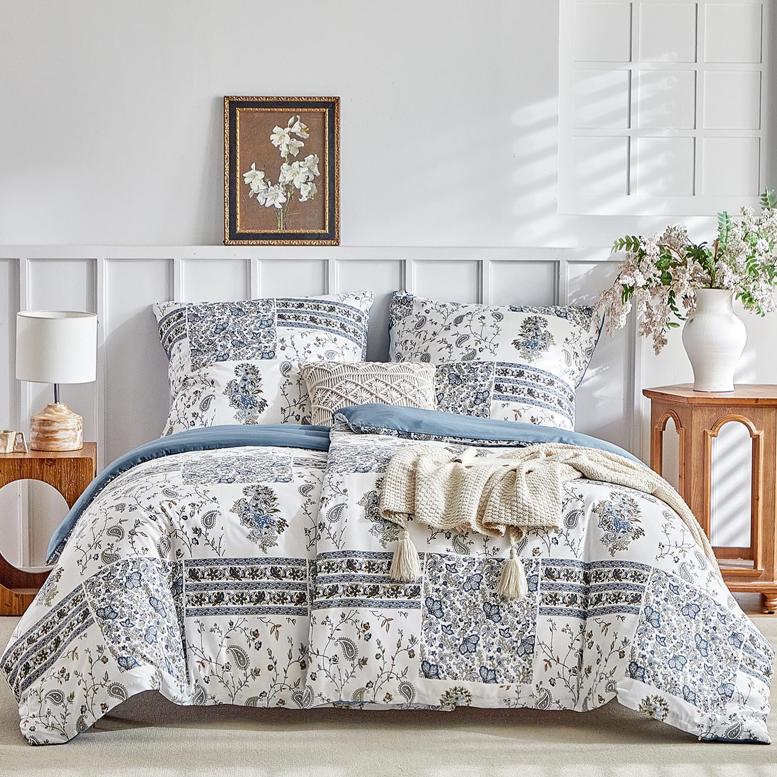 Tokokimo Bed Linen 135 x 200 cm, 4-Piece Bedding Sets, 2-Piece Set with 2 Pillowcases with Zip 80 x 80 - Patchwork Floral Pattern Bohemian, Blue โ image 1