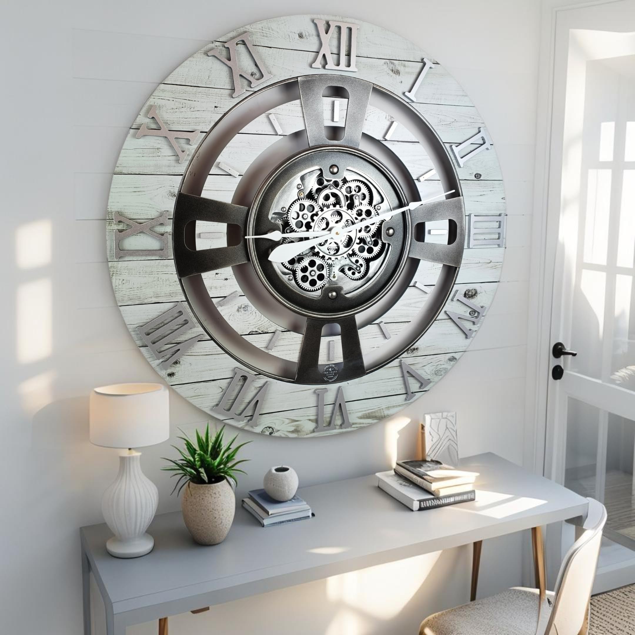 ImprovingLife El Reloj de Engranajes Reloj de pared con engranaje de movimiento real, línea de Inglaterra (Granja rústica blanca, 60 cm (24 pulgadas))