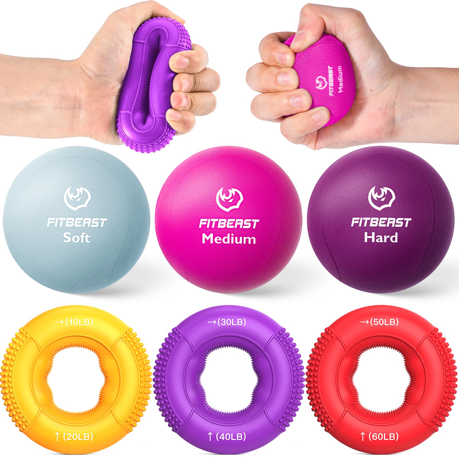 FitBeast 6-Piece Grip Strength Trainer Set - Hand Therapy and Forearm Strengthener for Mechanics & Athletes