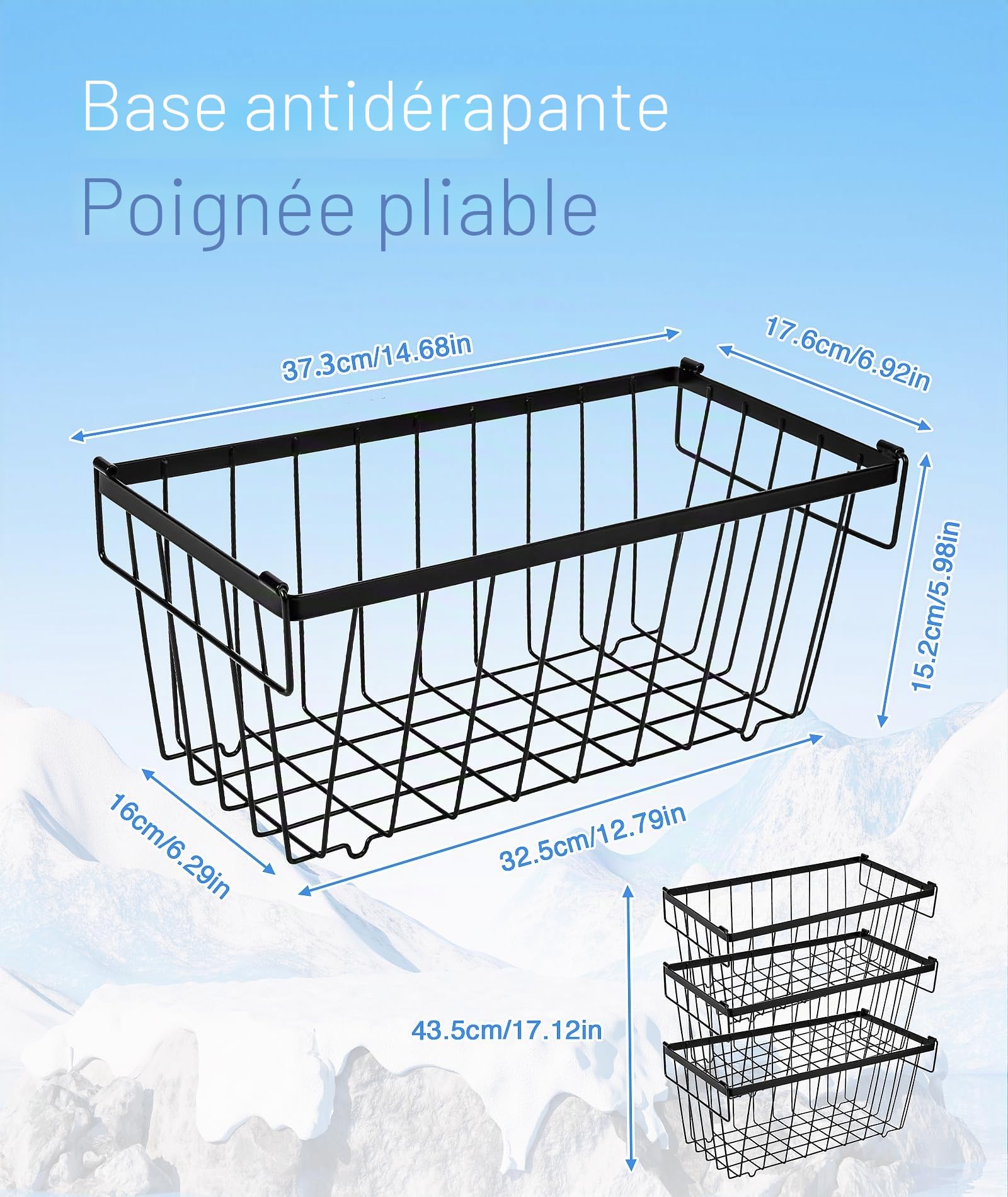 Lot De 4 Panier Congelateur Coffre, MéTal Rangement Congelateur Empilable Panier Congelateur Avec PoignéEs Et Fond AntidéRapant Noiradapté Pour RéFrigéRateur Armoire Cuisine 37,3 x 18 x 15,6 Cm (4)