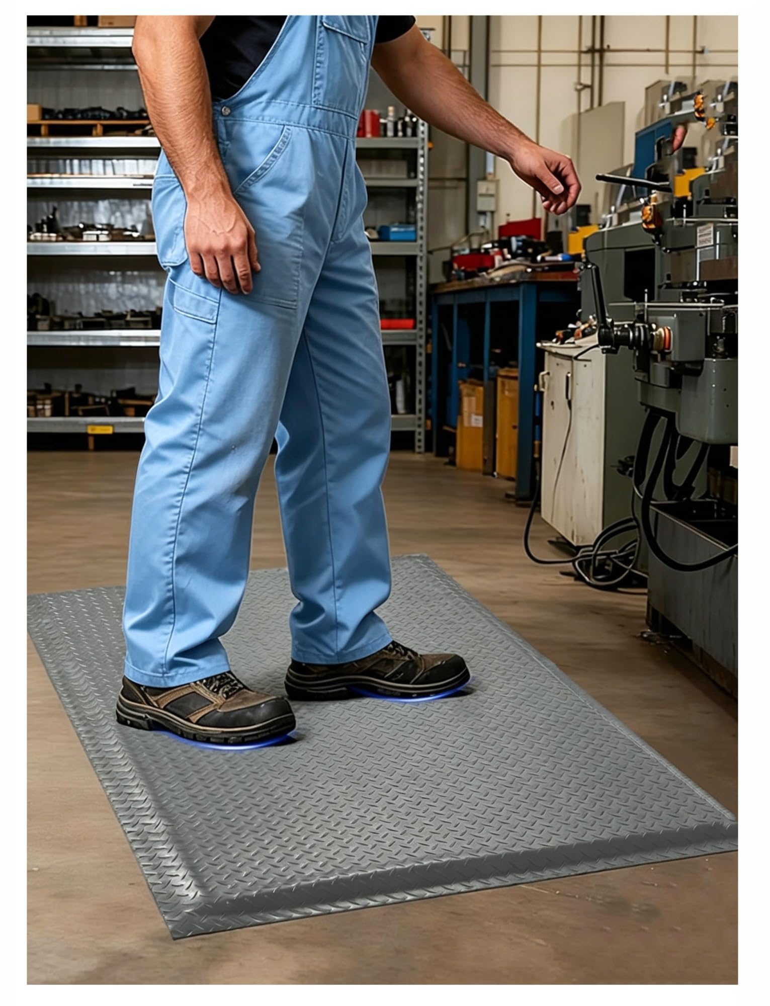 Tappeto antifatigue industriale in PVC, 2cm spessore, con bordo giallo | Allevia dolore schiena e gambe, adatto a scrivania in piedi, cucina, magazzino, officina(Grey,45X60cm)