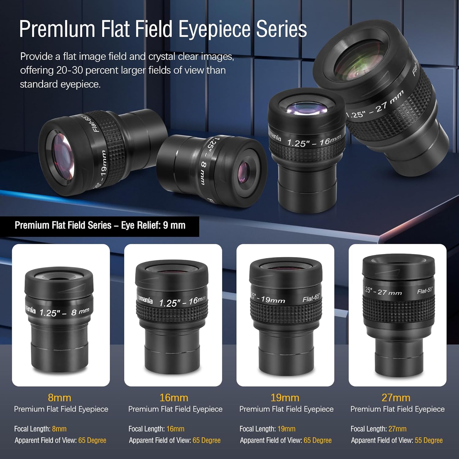 Astromania Telescope Eyepiece Flat Field Eyepiece 19mm Fully Mutil Coated 1.25 inch Metal 65 Degree Ultra Wide Angle Telescope Accessory for Astronomy Telescope, Flat Image Field & Crystal Clear Image