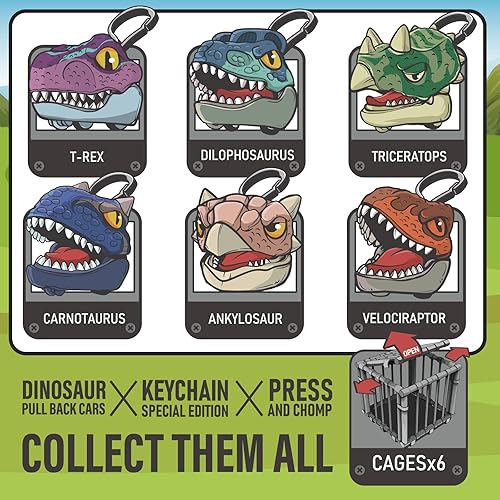 Miniatura 5 de DINOBROS Juguetes de dinosaurio para automóvil que muerde los dedos, paquete de 6 dinosaurios jurásicos a presión, llavero para niños de 3, 4, 5, 6,