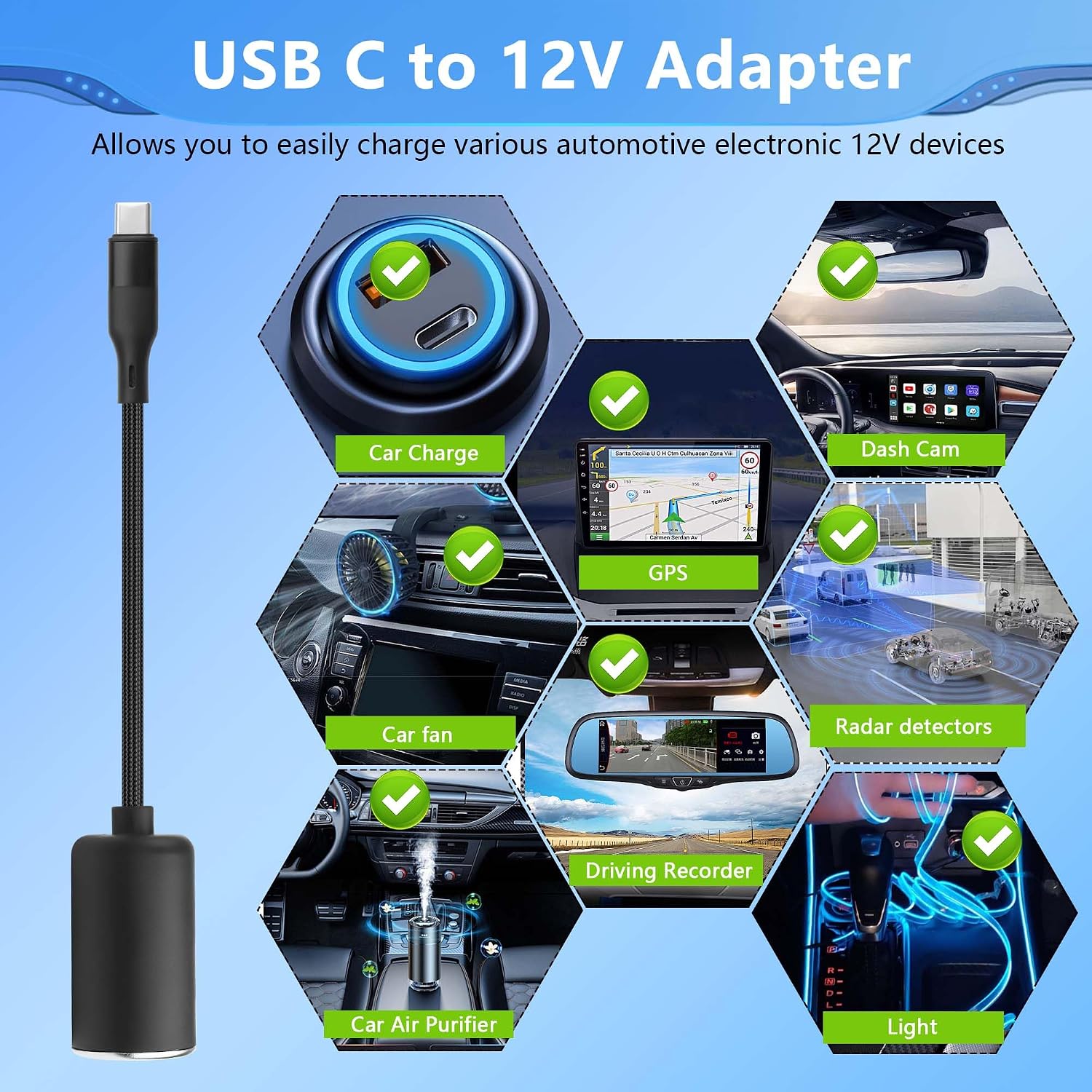 CERRXIAN PD 12V USB-C to Car Cigarette Lighter Adapter, 36W PD Fast Charger Cable for Dash Cam, GPS, Radar Detector, Car LED Strip & 12V Devices - 1 ft / 0.3m image 4