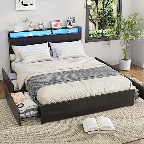 Miniatura 2 de Base de cama de tamaño matrimonial con cabecero, plataforma LED con 4 cajones de almacenamiento, estación de carga integrada, sin ruido, base de